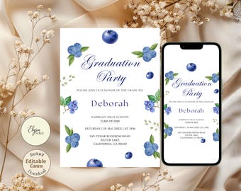 Invitación de graduación de la escuela secundaria con borde de arándanos, promoción de 2026 (descarga digital)