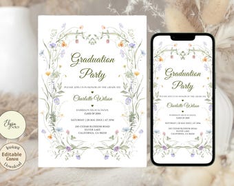 Invitación digital para fiesta de graduación con flores silvestres en acuarela verde salvia. Plantilla para invitación digital.