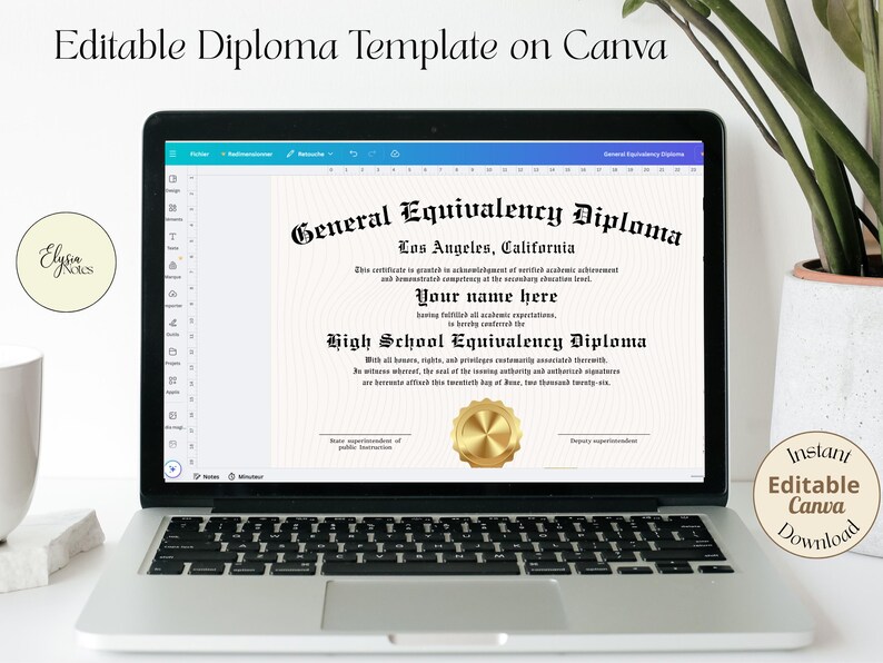 Editable GED Certificate Template, Gold Seal Diploma Style, Printable
