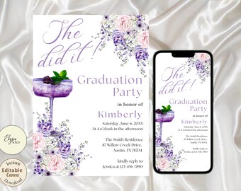 Plantilla de invitación para fiesta de graduación con cóctel floral morado, editable para móvil.