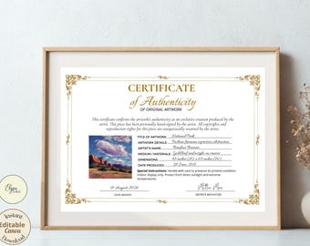 Plantilla de certificado de autenticidad de obra de arte, COA de artista, Canva editable
