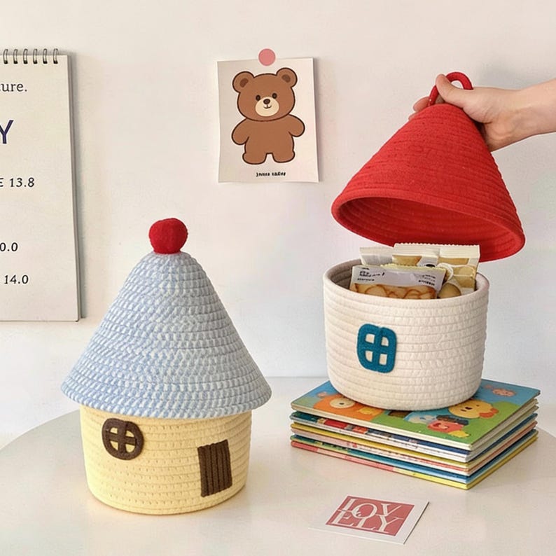 May include: A whimsical, handmade storage basket shaped like a house, with a light blue roof and yellow walls. A red-topped lid is lifted to reveal the contents. A second, round basket with a blue window sits nearby, filled with snacks.