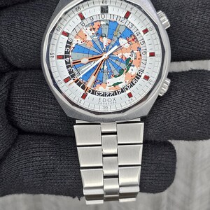 Vintage Edox Geoscope 42 Automatic World Time Watch, World Map Dial Swiss Made