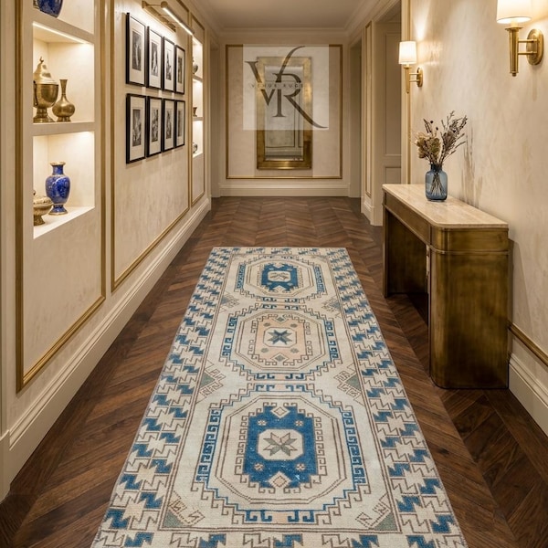 Handmade Oushak Runner Rug, Blue Cream Turkish Style Rug, Vintage Oushak Hallway Runner, Neutral Farmhouse Carpet, Custom Size Area Rug