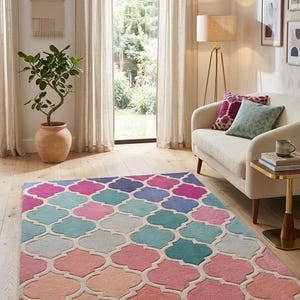Alfombra tejida a mano con mechones, colorida alfombra marroquí con enrejado, alfombra de área en tonos pastel, alfombra de lana estilo boho, alfombra moderna personalizada, decoración para sala de estar y dormitorio.