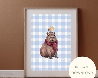 Quadro infantil com estampa de capivara xadrez: Decoração para quarto infantil, Arte de parede escocesa em azul e branco (download digital)