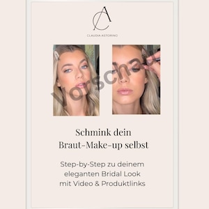 Könnte beinhalten: Ein digitales Tablet zeigt ein Make-up-Tutorial. Der Bildschirm zeigt zwei Bilder einer Frau mit blonden Haaren, die Schritte des Braut-Make-ups demonstriert. Der Text auf dem Bildschirm lautet "Schmink dein Braut-Make-up selbst" und "Step-by-Step zu deinem eleganten Bridal Look mit Video & Produktlinks."