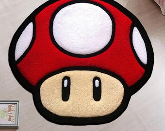 Red mushroom rug, toad rug, retro game area rug, gaming room decor, M-ario rug, mushroom rug, custom rug,Halloween gift,Christmas gift rug