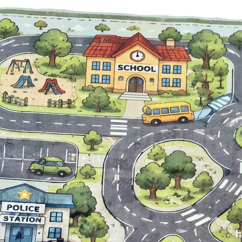May include: A rectangular play rug featuring a colorful illustrated town map with a yellow school building labeled SCHOOL, a yellow school bus, a blue police station labeled POLICE STATION, winding gray roads, green trees, and a playground.