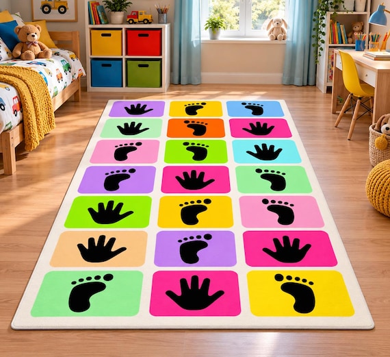 Kids Activity Rug, Hand and Foot Print Game Rug, Colorful Movement Play Mat, Preschool Classroom Rug, Interactive Kids Playroom Carpet