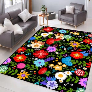 Colorful Wildflower Rug, Bohemian Floral Carpet, Folk Garden Area Rug, Bright Botanical Floor Mat, Maximalist Home Decor, Flower Lover Gift