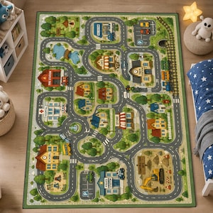 May include: A rectangular area rug featuring a colorful city map design with roads, a train track, and various buildings labeled Fire Station, Hospital, School, Police Station, Cafe, Train Station, and Construction Site, surrounded by green trees.