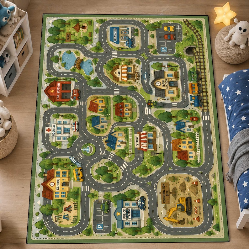 May include: A rectangular area rug featuring a colorful city map design with roads, a train track, and various buildings labeled Fire Station, Hospital, School, Police Station, Cafe, Train Station, and Construction Site, surrounded by green trees.