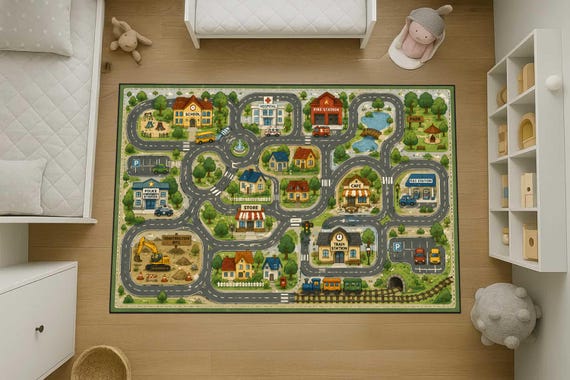 Kids Road Rug, City Play Mat, Car Track Kids Rug, Town Map Playroom Carpet, Educational Traffic Rug, Boys Bedroom Activity Rug