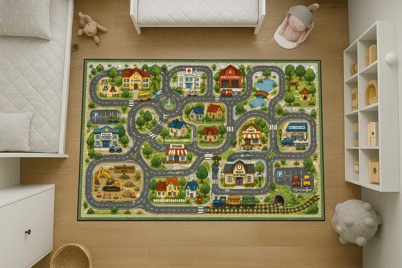 May include: A rectangular area rug featuring a detailed town map illustration with winding gray roads, green trees, and various buildings including a school, hospital, fire station, police station, store, cafe, and train station with a train.