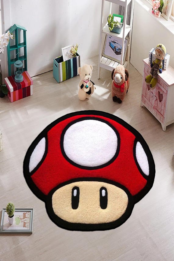 Red mushroom rug, toad rug, retro game area rug, gaming room decor, M-ario rug, mushroom rug, custom rug,Halloween gift,Christmas gift rug