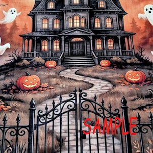 May include: A Halloween-themed illustration featuring a dark, multi-storey house with glowing windows, a stone path leading to the entrance, and a black wrought iron gate in the foreground. Several orange jack-o'-lanterns and white ghosts are present.