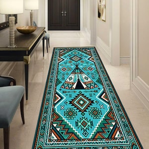 Southwestern Aztec Runner Rug, Native American Tribal Hallway Runner, Turquoise Boho Geometric Carpet, Rustic Lodge Entryway Rug