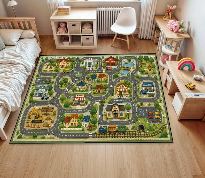 May include: A rectangular area rug featuring a colorful illustrated town map with winding roads, various buildings like a school, hospital, fire station, and train station, green trees, a construction site, and a train track with a train.