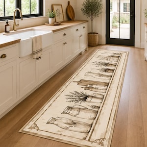 May include: A long, rectangular kitchen runner rug featuring a cream-coloured background with a repeating brown line-art illustration of various kitchen items, including glass jars, potted herbs, and wooden cutting boards, arranged in a row.