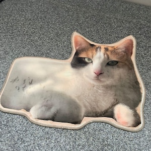May include: A flat, die-cut mat featuring a high-resolution photographic print of a calico cat with white, orange, and black fur. The cat is depicted in a reclining position with its head turned toward the front, finished with a light-colored stitched border.