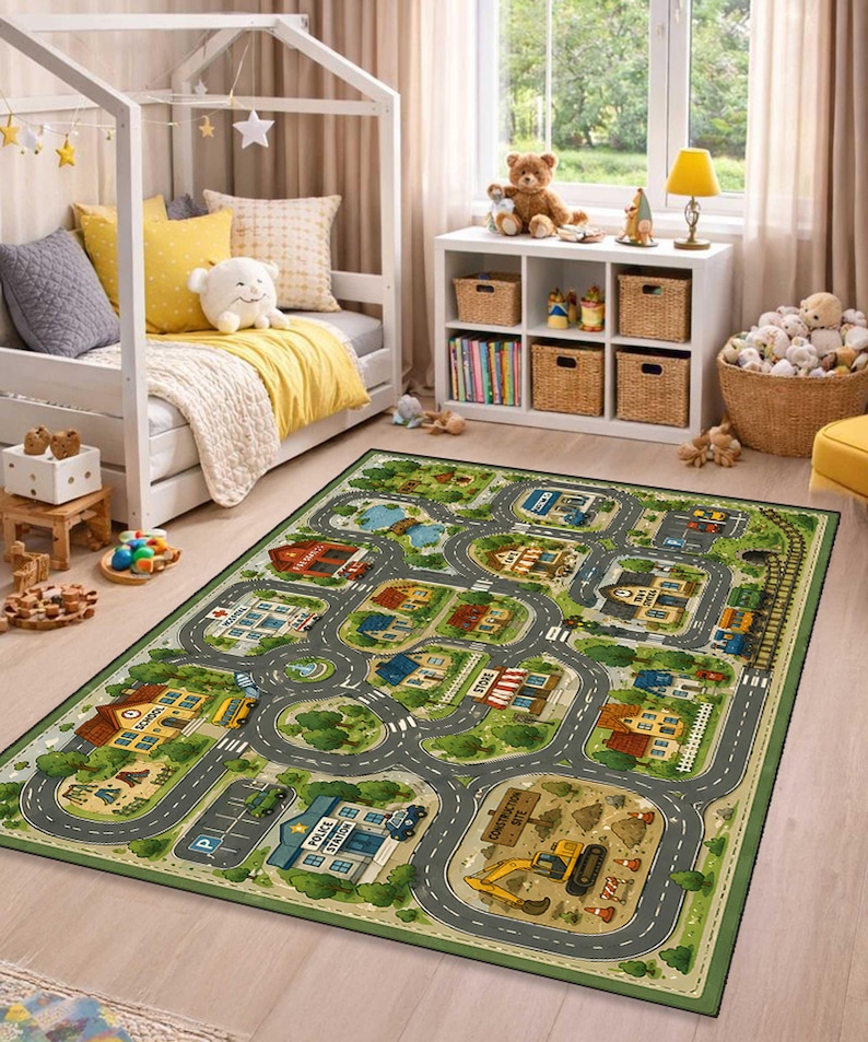 May include: A rectangular area rug featuring a colorful illustrated town map with winding gray roads, green trees, and various buildings including a school, police station, and construction site with a yellow excavator on a green background.