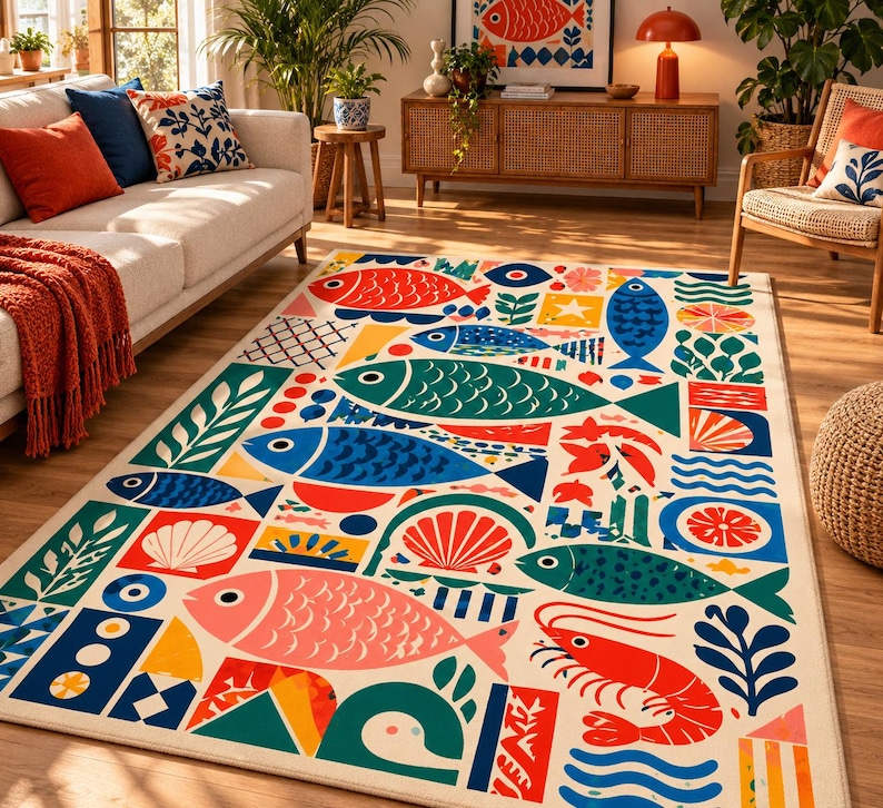 Colorful Fish Area Rug, Coastal Sea Life Carpet, Retro Nautical Fish ...