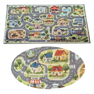 May include: A rectangular play rug featuring a detailed town map with roads, a school, hospital, fire station, police station, train station, gas station, and a construction site. The design includes green trees, houses, and vehicles.