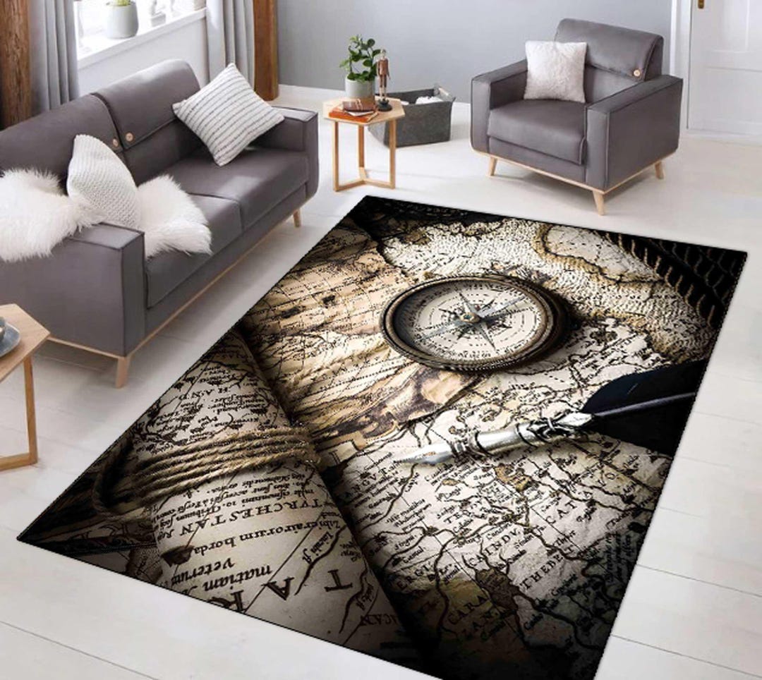World Explorer Rug Compass Map Pattern Rug, Antique World Map Pattern Area Rug, Sailor ...