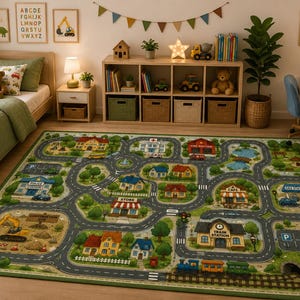 May include: A rectangular area rug featuring a detailed city map design with roads, a train track, buildings like a police station, fire station, train station, and cafe, plus green spaces, trees, and small toy cars on a green background.