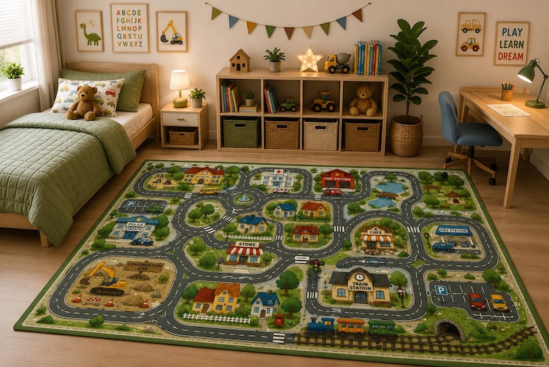 May include: A rectangular area rug featuring a detailed city map design with roads, a train track, buildings like a police station, fire station, train station, and cafe, plus green spaces, trees, and small toy cars on a green background.