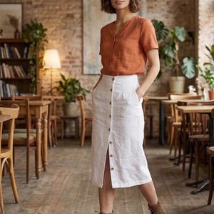 Cotton Pencil Skirt with Front Covered Buttons,Elastic Back Comfort Waist Skirt in White and Black, Thigh Slit Skirt