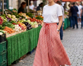 Pantaloni da donna a quadri 100% cotone, gamba larga, cintura in vita, taglie forti, modello ampio.