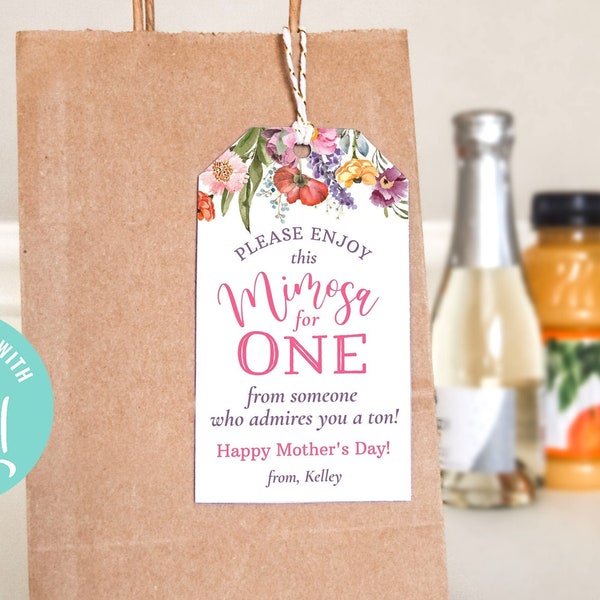 Mother's Day Gift Tag, Mimosa Kit Gift Tag for Mother's Day, Mom's Day gift for friend, Momosa Gift Tag, Customizable, DIY EDITABLE, Corjl