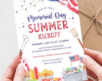 Gedenktag Einladung Vorlage, Sommer Kickoff Grillparty einladen, Vaterländisches Picknick Bearbeitbarer Download