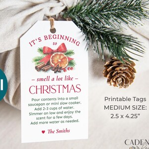 Op de afbeelding: Printbare kerstcadeau-tag met een rood lint, sinaasappelschijfjes, kaneelstokjes en steranijs. De tag heeft de tekst "It's beginning to smell a lot like Christmas". De tag is 6,35 cm bij 10,8 cm.