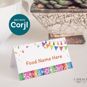 Cartões de comida imprimíveis para buffet de festa, placas de comida personalizáveis para taco bar, cartões de lugar, decoração de festa de aniversário, serape, faça você mesmo, editável
