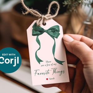 Etiquetas de regalo con motivos favoritos en color rosa, etiquetas de regalo navideñas en color rosa y verde con lazo, etiquetas de regalo con lazo para fiestas imprimibles, etiquetas personalizables y editables para hacer tú mismo