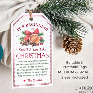Op de afbeelding: Een kerstcadeaulabel met de tekst "It's Beginning to Smell A Lot Like Christmas". Het label heeft een aquarelontwerp met kaneelstokjes, een sinaasappelschijf en een rode strik. Het label is bevestigd aan een ingepakt cadeau.