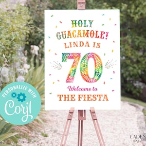 Letrero de fiesta de cumpleaños número 70, letrero de bienvenida de cumpleaños número 70, letrero de guacamole sagrado, póster de cumpleaños número 70, letrero imprimible, editable, Corjl, A24