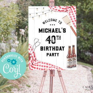 Letrero de bienvenida para cumpleaños con barbacoa, letrero de barbacoa y cervezas, póster de cumpleaños número 30, 40, 50, 60 y 70, letrero de barbacoa para cumpleaños, imprimible DIY Corjl BQ2