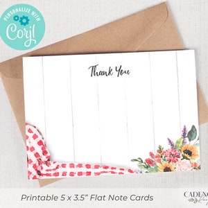 May include: Printable thank you note cards with a white woodgrain background, red and white gingham pattern, and a watercolor floral design with sunflowers and lavender. The cards are 5 inches by 3.5 inches.