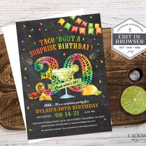 Surprise 30th Birthday Invitation, 30th Birthday Party, 30th Birthday Fiesta Invite, 30th Birthday Party Invite, DIY, Printable, Corjl, A24