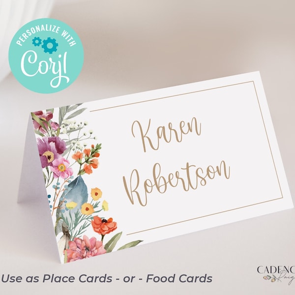 Wildflower Place Cards, Mother's Day Brunch Place Cards, Customizable Food Cards, Custom Name Cards, Printable, DIY, EDITABLE, Corjl, W3