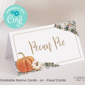 Thanksgiving-Tischkarten, Thanksgiving-Lebensmittelschilder, anpassbare Lebensmittelkarten, Herbstnamenkarten, Flanell, bedruckbar, DIY, EDITIERBAR, Corjl, FGP