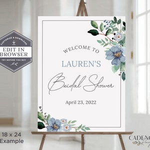 Dusty Blue Bridal Shower Sign, Blue bridal shower sign, cornflower blue bridal shower welcome sign, wedding shower sign, editable, Corjl, B6