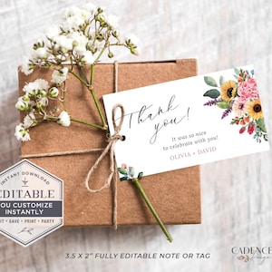 Etiquetas de favor de flores silvestres, etiquetas de regalo de despedida de soltera, favores imprimibles, etiquetas de regalo de girasol, tarjetas de lugar, nota de girasol, EDITABLE, Corjl, B21, W2