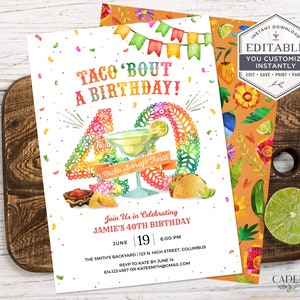 Faire-part 40e anniversaire, 40e anniversaire Fiesta, tacos, 40e anniversaire, bricolage, imprimable, Corjl, A24