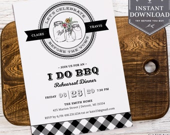 I Do BBQ Invite, Mason Jars Invite, BBQ Rehearsal Dinner, Printable Invitation, Rustic Invite, Editable, Backyard bbq, Southern BBQ, A22