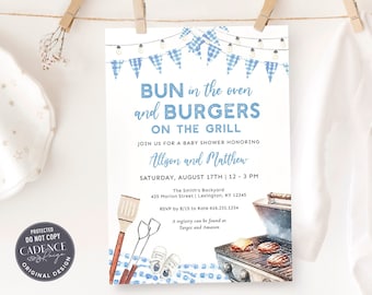 Bun in the Oven Burgers on the Grill Invitation for Boy Baby Shower Cookout Boy Baby-Q Shower Boy Baby Sprinkle in Blue Gingham Digital